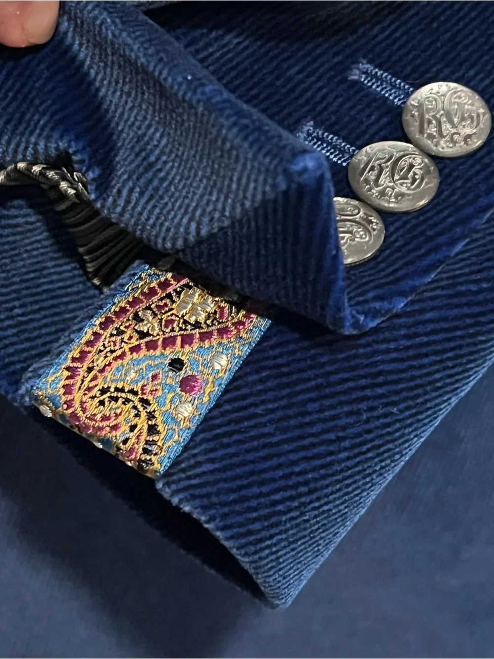 Robert Graham Navy Blue Velvet Corduroy Blazer Printed Lining 44 R Detail Art EC